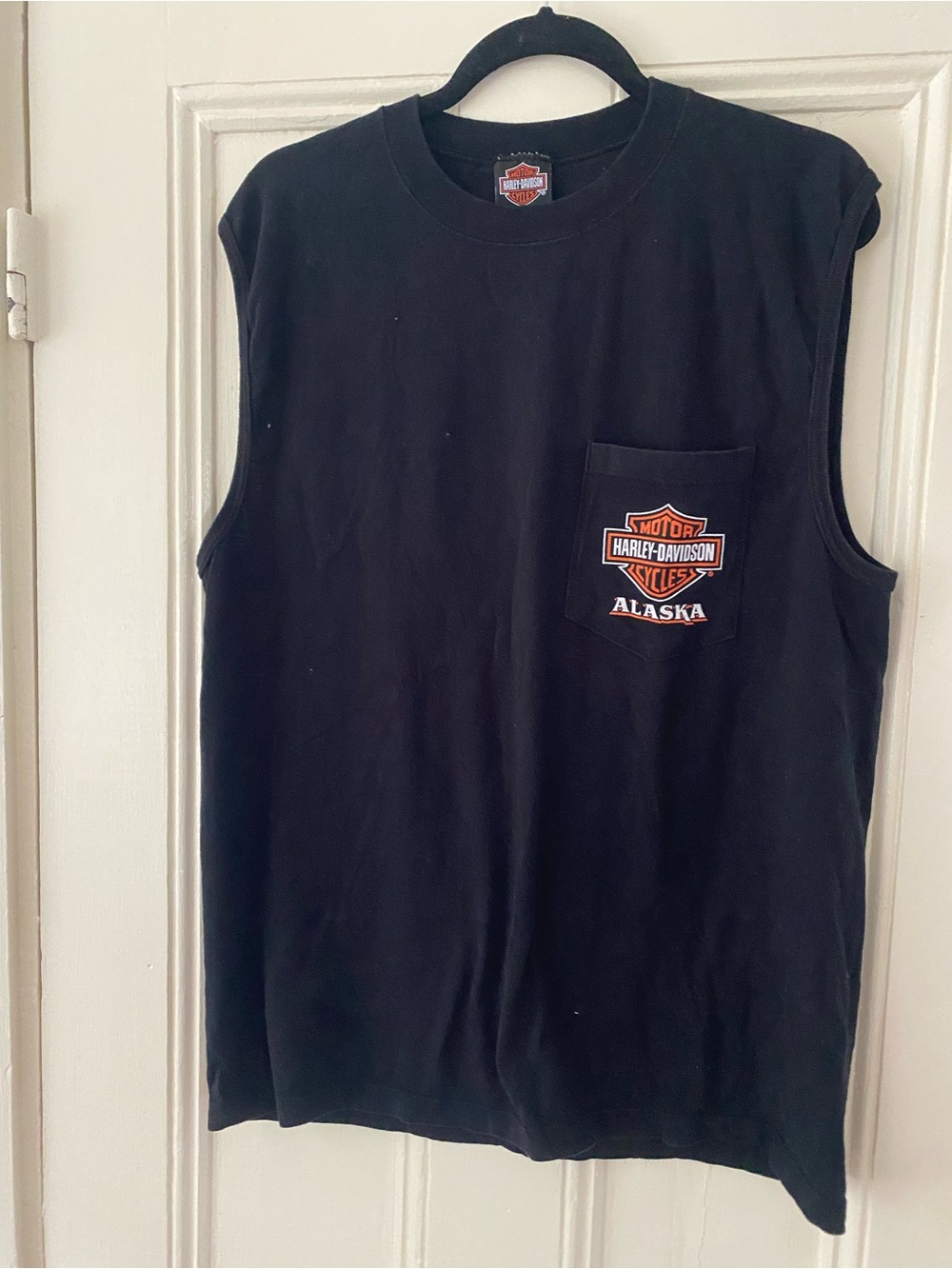 Harley-Davidson Black Sleeveless Pocket T-Shirt with Orange Logo